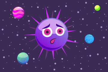 Cartoon-style purple planet with expressive eyes floating in outer space. Various colorful planets and stars surrounding it, creating whimsical cosmic atmosphere