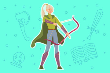 Skilled elf-like character standing ready with bow and arrow in hand. Woman with long hair wearing green outfit, prepared for adventurous quest in magical setting