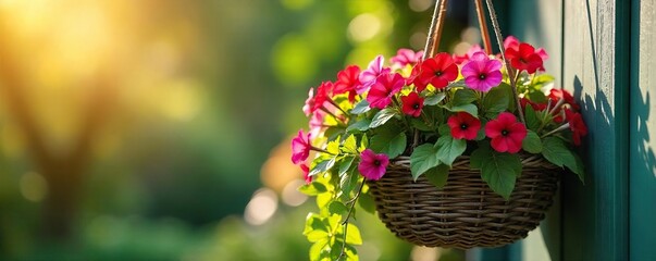 Cascading Petunias and Ivy in a Rustic Hanging Basket, bathed in warm sunlight.  Perfect for garden, patio, or balcony decoration. Idyllic summer blooms overflowing with vibrant color.