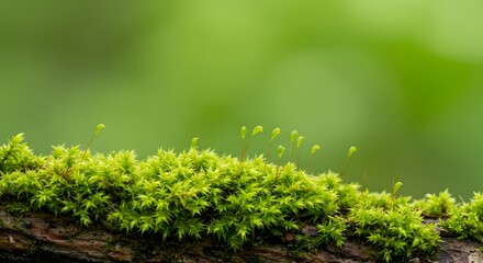 Macro Shot of Green Moss Growing on Tree Bark with Spores