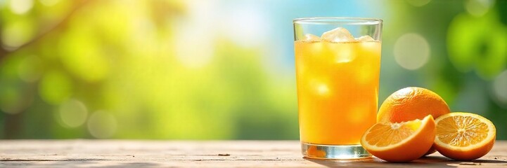 Chilled Orange Juice Melting Ice Cubes on Sunny Summer Background ? Refreshing Summer Beverage Concept