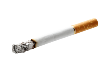 Close-up of a lit cigarette with glowing ember and ash detail against dark backdrop