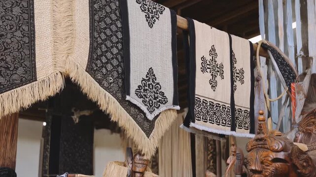 Decorative textiles, possibly traditional, with intricate black and cream patterns and fringe, hanging from wooden beams