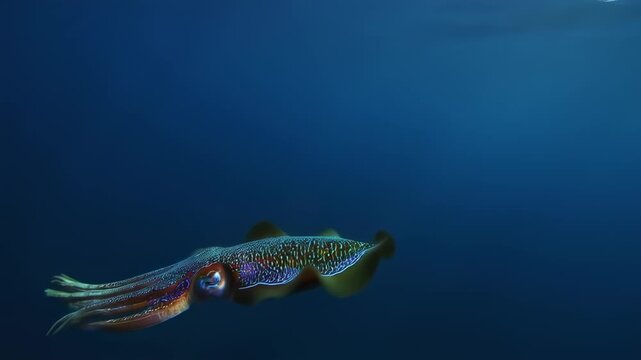 Deep-sea squid in the dark blue ocean