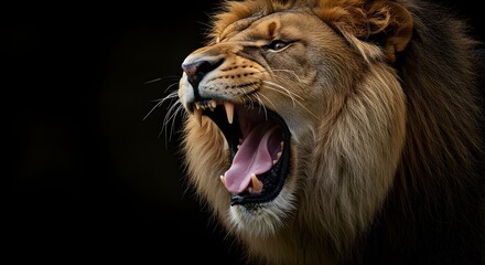 Fototapeta premium Majestic Lion Roaring with Open Mouth and Sharp Teeth, Close-Up