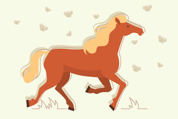 Brown horse with flowing mane trotting playfully across green meadow. Butterflies fluttering around, adding sense of joy and movement to sunny scene