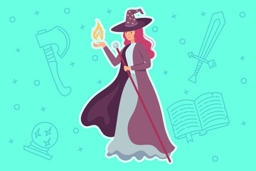 Woman dressed in dark robe and wizard hat casting magic with flame in one hand. She standing confidently, surrounded by various magical symbols