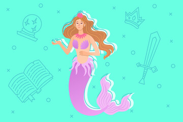 Colorful mermaid with long hair and shimmering tail swimming in turquoise background. Magical items like crystal ball, book, crown, and sword surrounding her