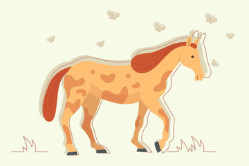 Cheerful horse with light orange coat walking through grassy area, surrounded by butterflies. Nature and animals concept