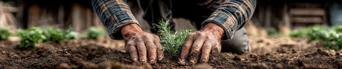 Senior person gardening in backyard under soft daylight, planting flowers and touching rich soil, symbol of care and vitality.