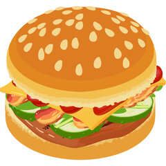 Detailed Hamburger Illustration with Sesame Seed Bun Bacon Lettuce Tomato Cheese and Cucumber Slices on a Transparent Background