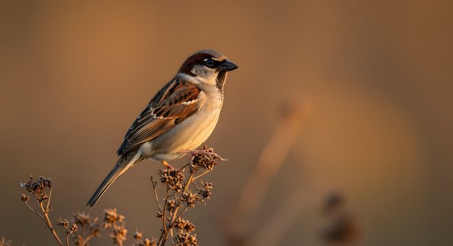 Male House Sparrow Perched on Dry Plant Twig in Golden Hour Light