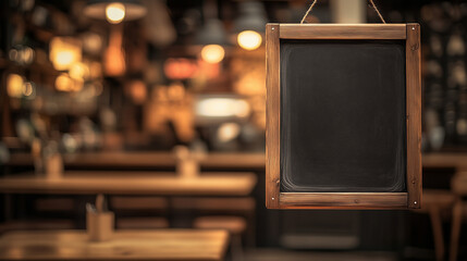 Blank chalkboard sign hanging in cozy cafe interior