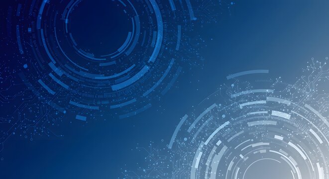 Abstract, futuristic blue gradient background with circular data patterns and connected nodes