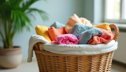 Overflowing Laundry Basket Colorful Clothes and Towels in Soft Light, Ready to Put Away.  A simple domestic scene of neatly folded laundry, showcasing a relaxed and organized home.