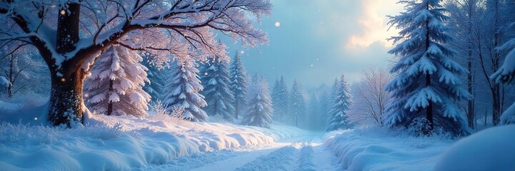 Enchanting Winter Wonderland Frozen Trees Sparkle Under Ethereal Light, Creating a Serene and Magical Holiday Scene Perfect for Fantasy or Winter Themes