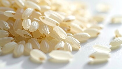 Heap of Light Brown Rice Grains with White Background in Macro Shot