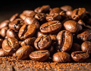 Heap of Roasted Coffee Beans Close Up on Dark Wooden Surface in Warm Lighting Still Life of Coffee Beans Perfect for Background Use