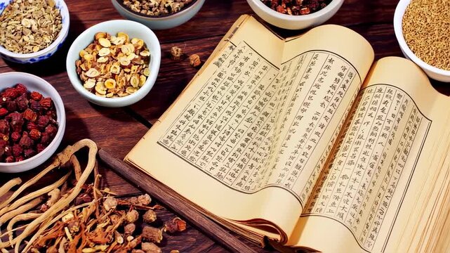 Dried herbs and ancient Chinese medical text