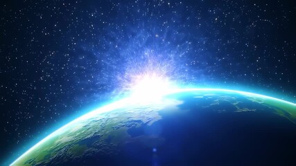 Earth rising with radiant sunrise from space