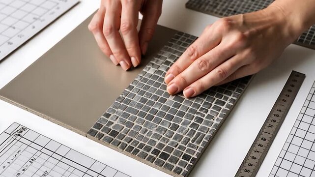 Hands of a designer selecting small decorative mosaic tiles and larger floor tiles, working on a blueprint for a new project