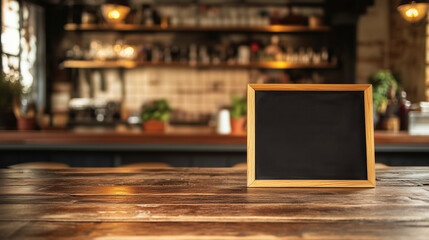 A blank blackboard stands prominently on rustic wooden counter, ready for the day's specials, with soft glow of warm, inviting café in background.