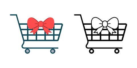 Online shopping cart gift icon with Christmas bow. Perfect for festive e-commerce, holiday shopping deals, and digital gift concepts. © Moch