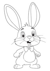 cute standing bunny wearing bow tie coloring page, educational editable animal drawing iso size print ready vector