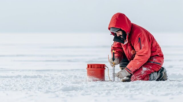 A male arctic researcher dressed in a red parka kneels on the icy ground, carefully drilling into the ice to collect core samples