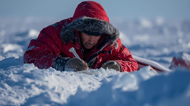 A male researcher in a red parka carefully drills an ice core sample in a vast frozen Arctic landscape, contributing to important scientific studies and climate research