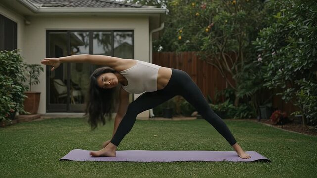 Woman Practicing Yoga Triangle Pose Outdoors on Green Grass