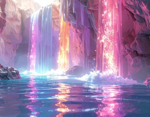 Holographic Waters Futuristic River Glowing with Neon Hues Organic Fluid Forms Pink Purple Orange Waterfalls on Rocky Terrain with Light Reflections