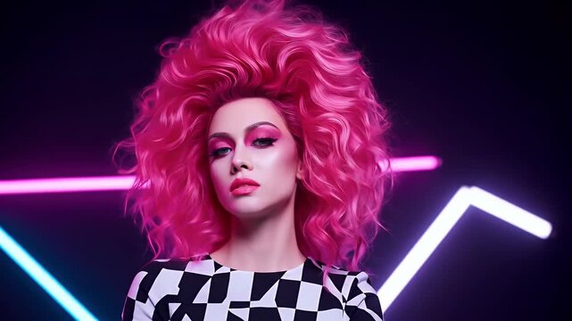 Woman with Big Pink Hair and Neon Lights Realistic Portrait