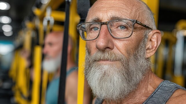 Realistic photo of an elderly man exercising with elastic bands during physical therapy in a bright modern rehabilitation center.