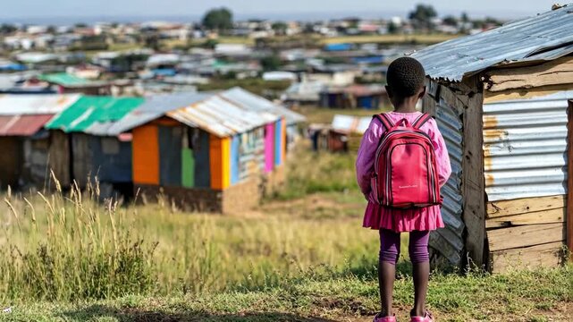 Young girl with backpack looks out over a shantytown, hopeful future.
