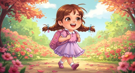 Adorable cartoon girl with pigtails walks happily on a flowered path, springtime setting