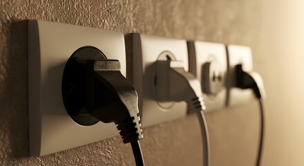 Multiple electrical outlets with plugs inserted on a textured wall