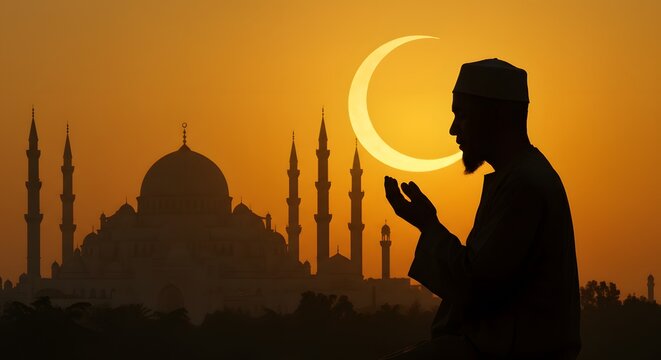 Muslim Man Praying at Sunset with Crescent Moon and Mosque Silhouette