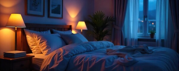 Peaceful Nighttime Bedroom Scene Soft Lighting Illuminates Cozy Bed, Perfect for Relaxation and Sleep