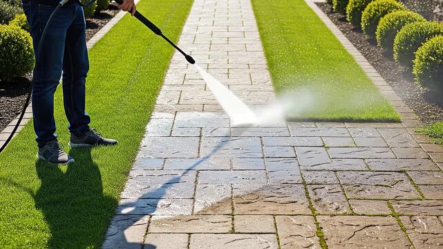 Man power washing paved garden pathway, diligently cleaning dirty cobblestones.