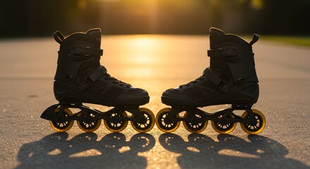 Pair of Inline Skates on Pavement at Sunset