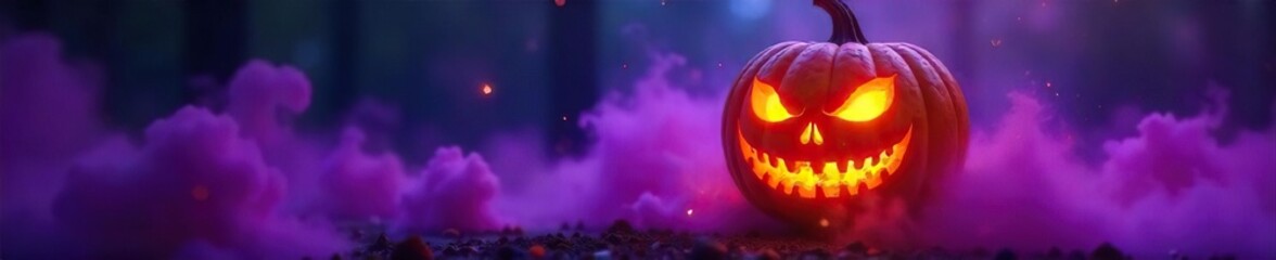 Levitating Jack-o-Lantern Mystical Halloween Pumpkin Glows in Purple Mist