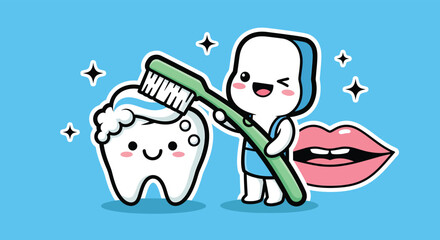 Cute tooth character brushing another tooth with toothpaste in a dental clinic, promoting oral hygiene and health with a playful and cheerful mood.