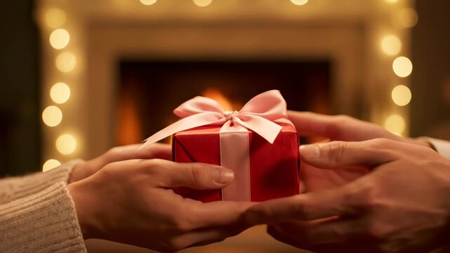 A Warm and Intimate Close Up of Two People Exchanging a Small Red Gift Box Tied with a Pink Ribbon