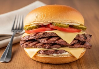 Triple Grilled Steak Burger with Cheese, Tomato & Pickles — Close-Up Menu Photo