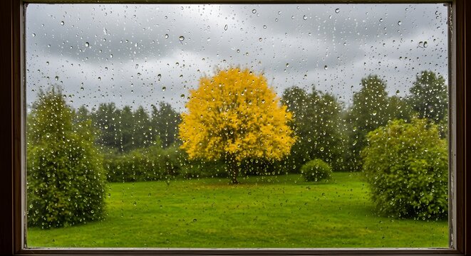 Raindrops on Window Pane with Autumn Tree and Green Landscape - Powered by Adobe