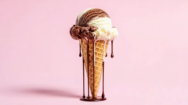 Delicious Ice Cream Cone with Chocolate Drizzle on Pink Background.