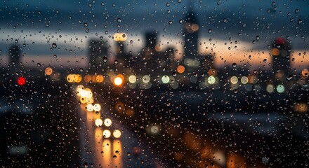 Raindrops on Window with City Lights Bokeh at Dusk