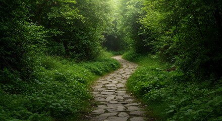 A winding stone path disappears into a lush green forest, sunlight filtering through the canopy