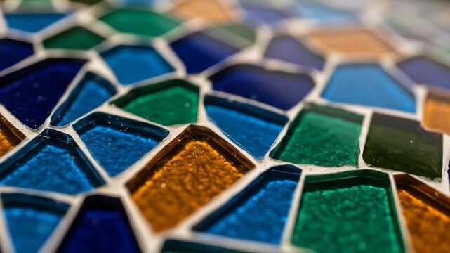 Abstract Mosaic Pattern Close Up With Irregularly Shaped Pieces In Blue Green And Amber Colors Featuring Textured Glass Surfaces And Soft Lighting - Powered by Adobe